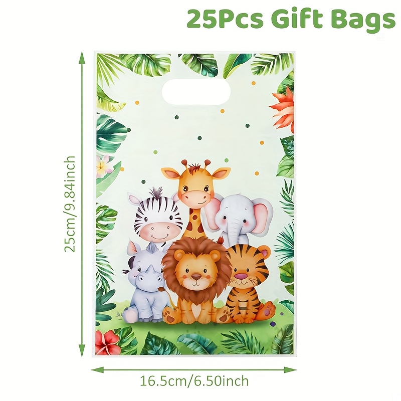 Image of 10/25/50pcs Jungle Animal Gift Bags, Treat Bags, Green Golden Animal Palm Leaves Plastic Candy Goodie Bags With Handle, 1 Birthday Jungle Birthday Party Baby Shower Favors Supplies