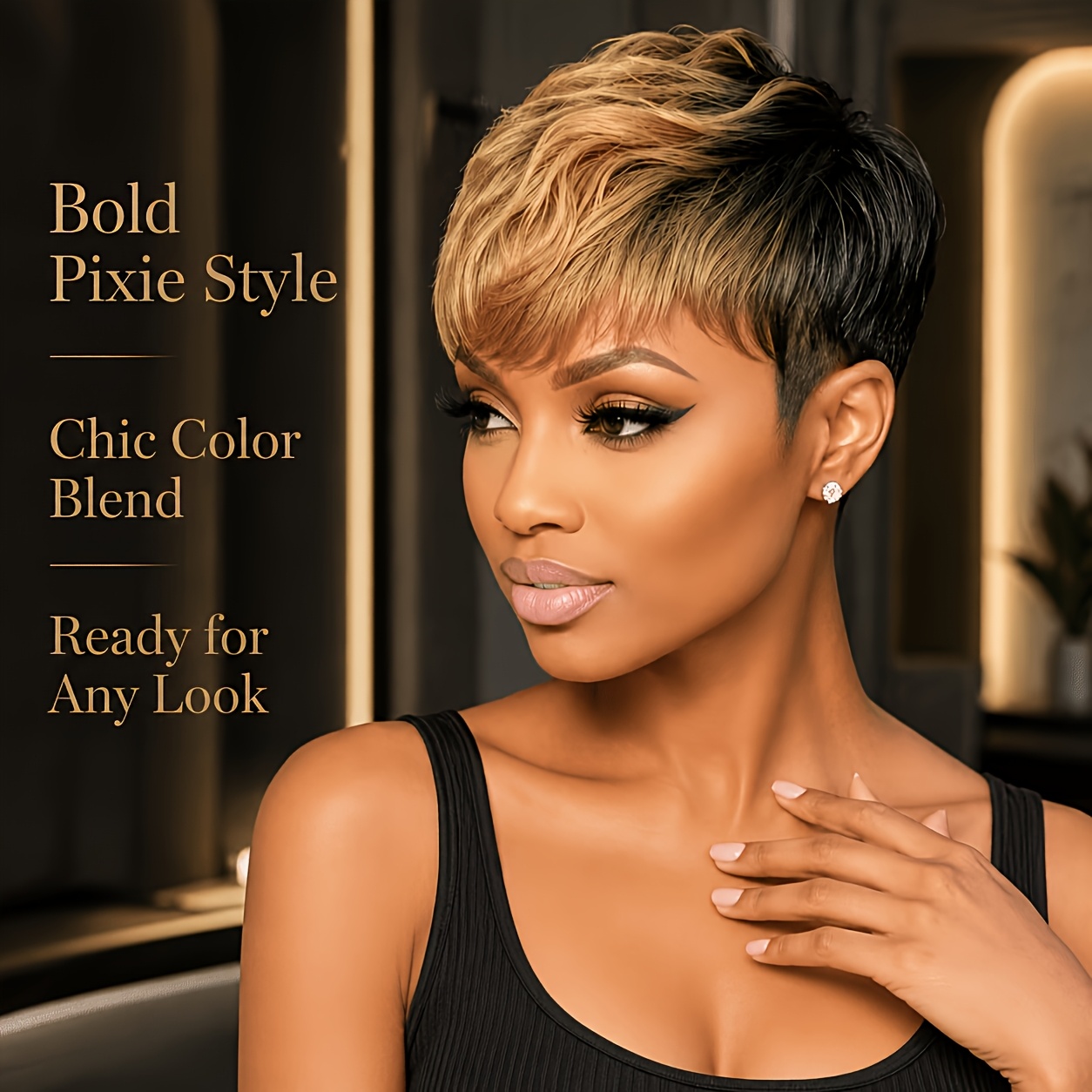 TEMU Women's Human Hair Wig, Layered Short Straight Cut With Bangs, 1b/27 Blonde Machine-made Full Wig, Straight Hair Suitable For Holiday/party Wear