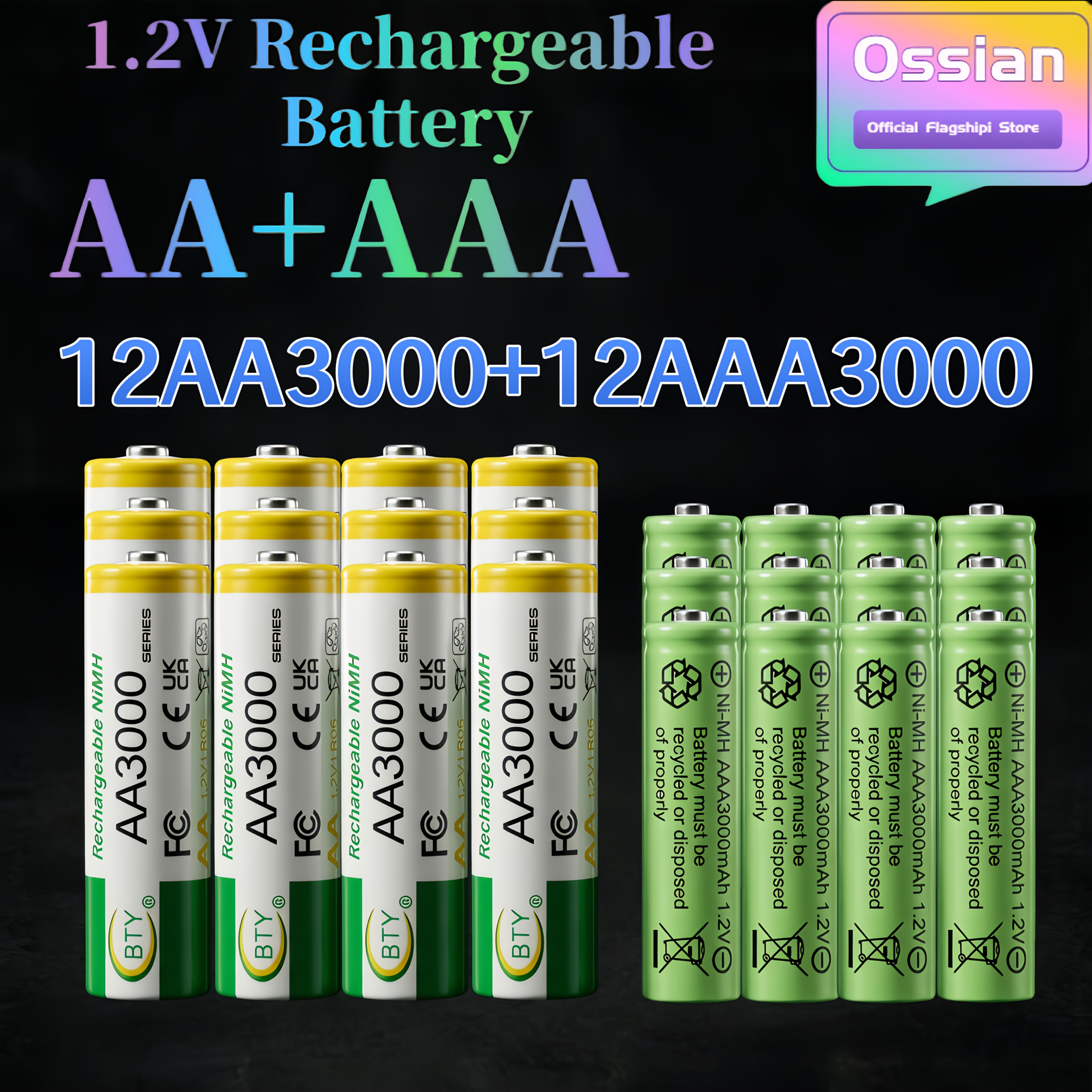 TEMU Lot de 24 piles rechargeables Ossian AA AAA Ni-Mh ( et 12 AAA) 1.2V 3000Mah haute , auto-décharge faible, réutilisables, piles et double A pour