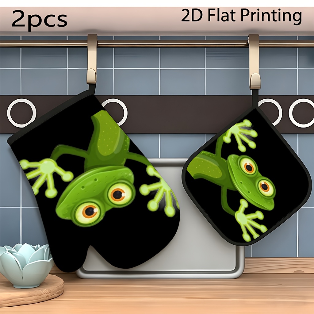TEMU 2pcs Cute Oven Mitts And Pot Holders - Watercolor Illustration Heat Resistant 27x17 Cm Polyester For Baking, Cooking, Home Oven, Housewarming