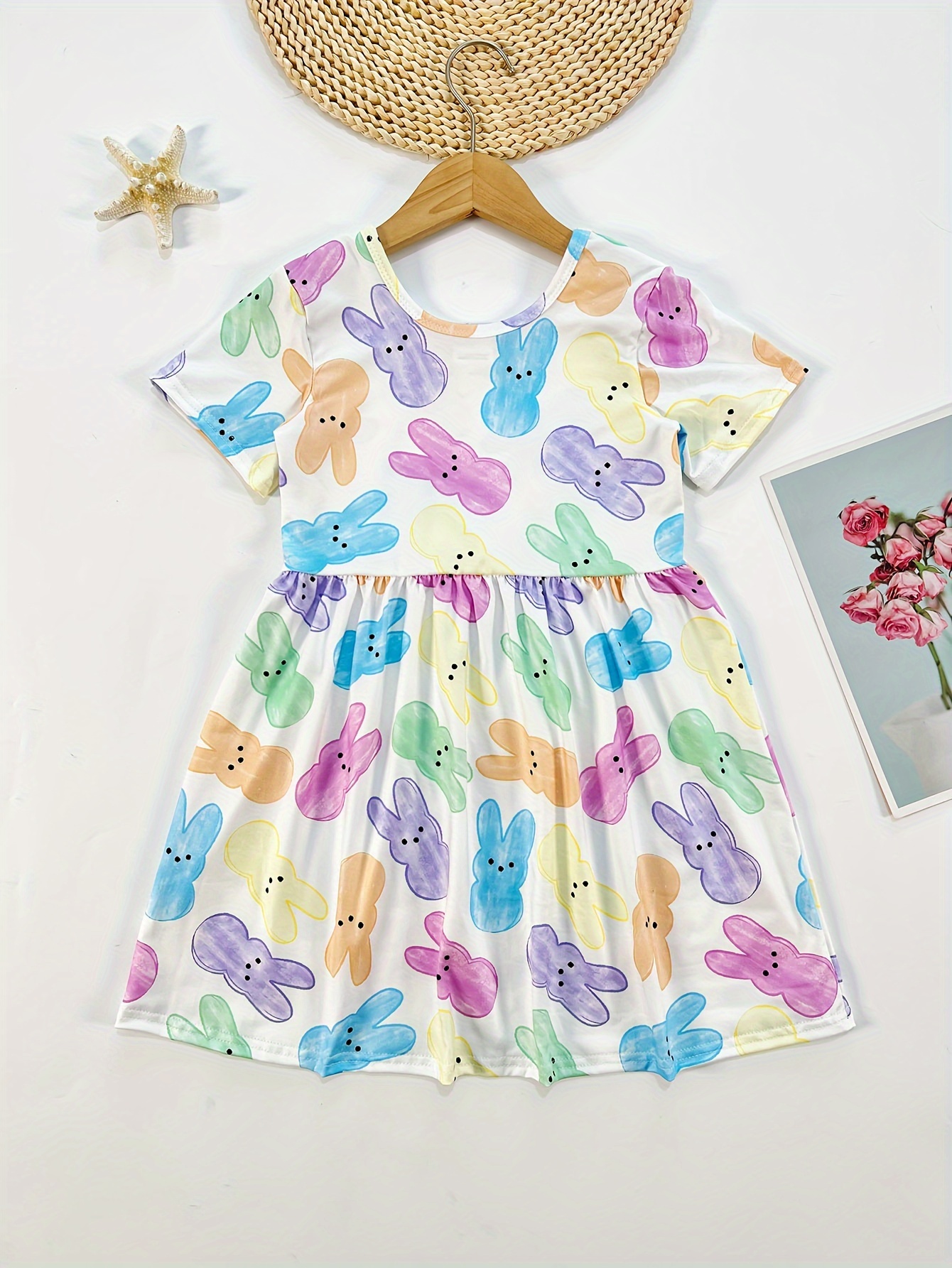 adorable girls' spring/summer easter dress with cartoon rabbit & floral  pattern - lightweight polyester, flutter sleeves, pleated pocket detail,  knee-length casual fashion for , girls dresses - kids' fashion - Temu