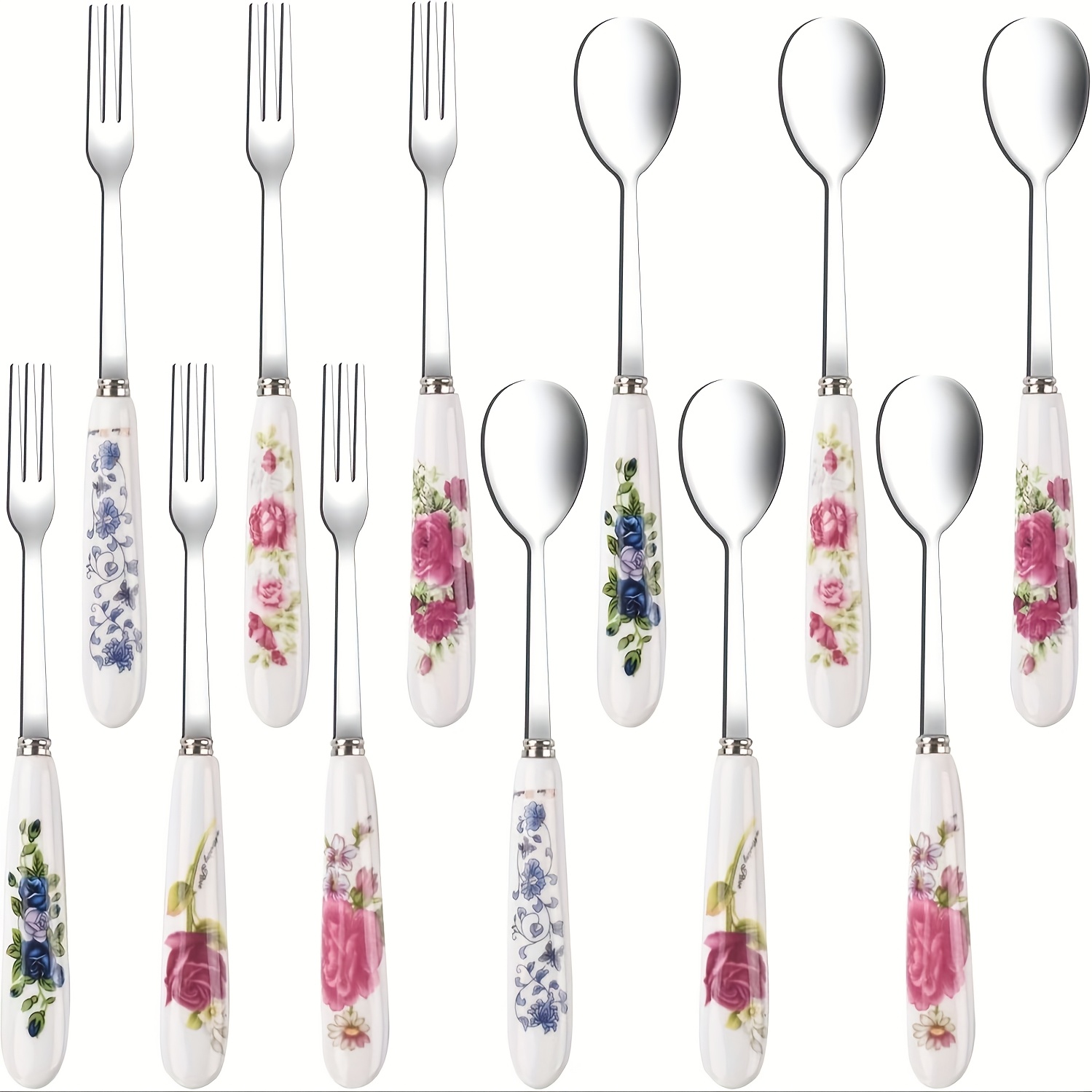 TEMU 12pcs Floral Printed Ceramic Handle Stainless Steel Tableware Set, Polished Surface Tableware, With Dessert Spoon And Fork, Suitable For Home,