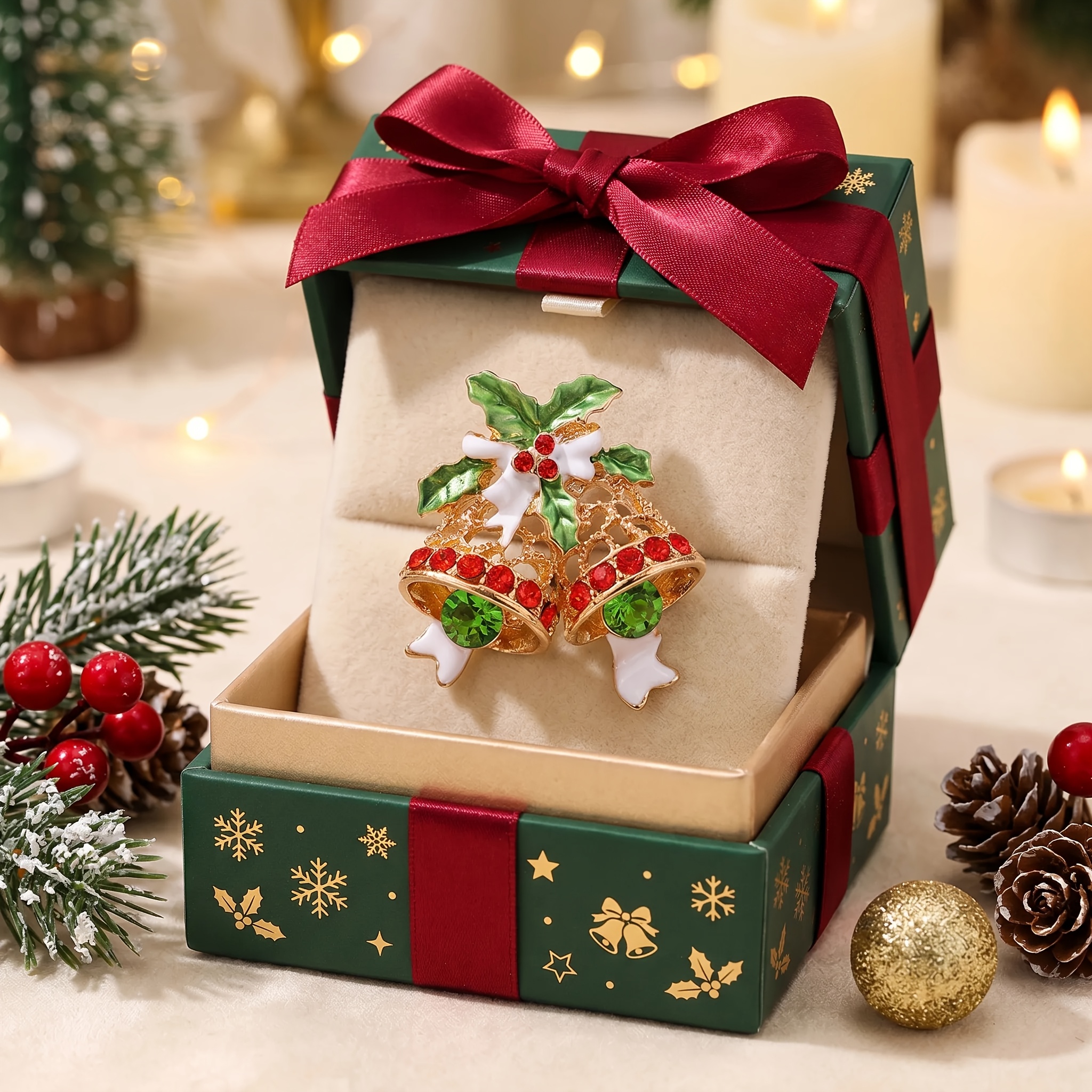 Christmas Enamel Rhinestone Brooch, Double Bell Shape