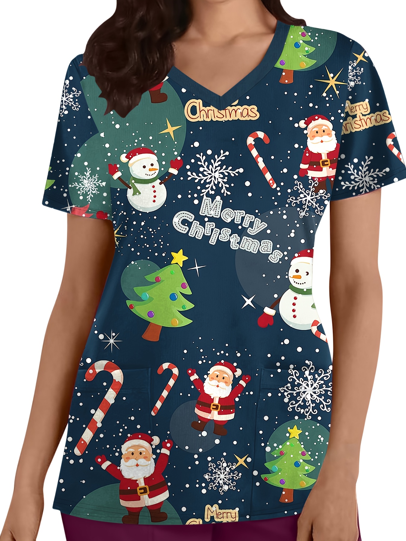 christmas print short sleeve t shirt casual v neck health care uniform for nurse womens clothing