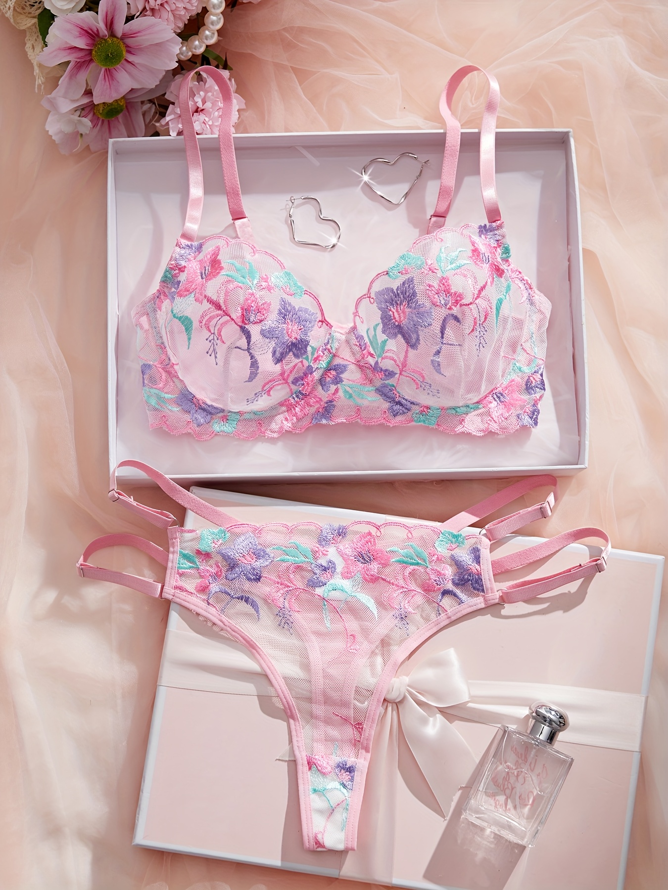 Conjunto de dos piezas para mujer, edición limitada de Navidad para el Día de San Valentín, bordado colorido fluorescente, encaje de flores en círculo ondulado, tela de malla de fibra rosa y pantalones con múltiples cinturillas, conjunto de sujetador y ropa interior