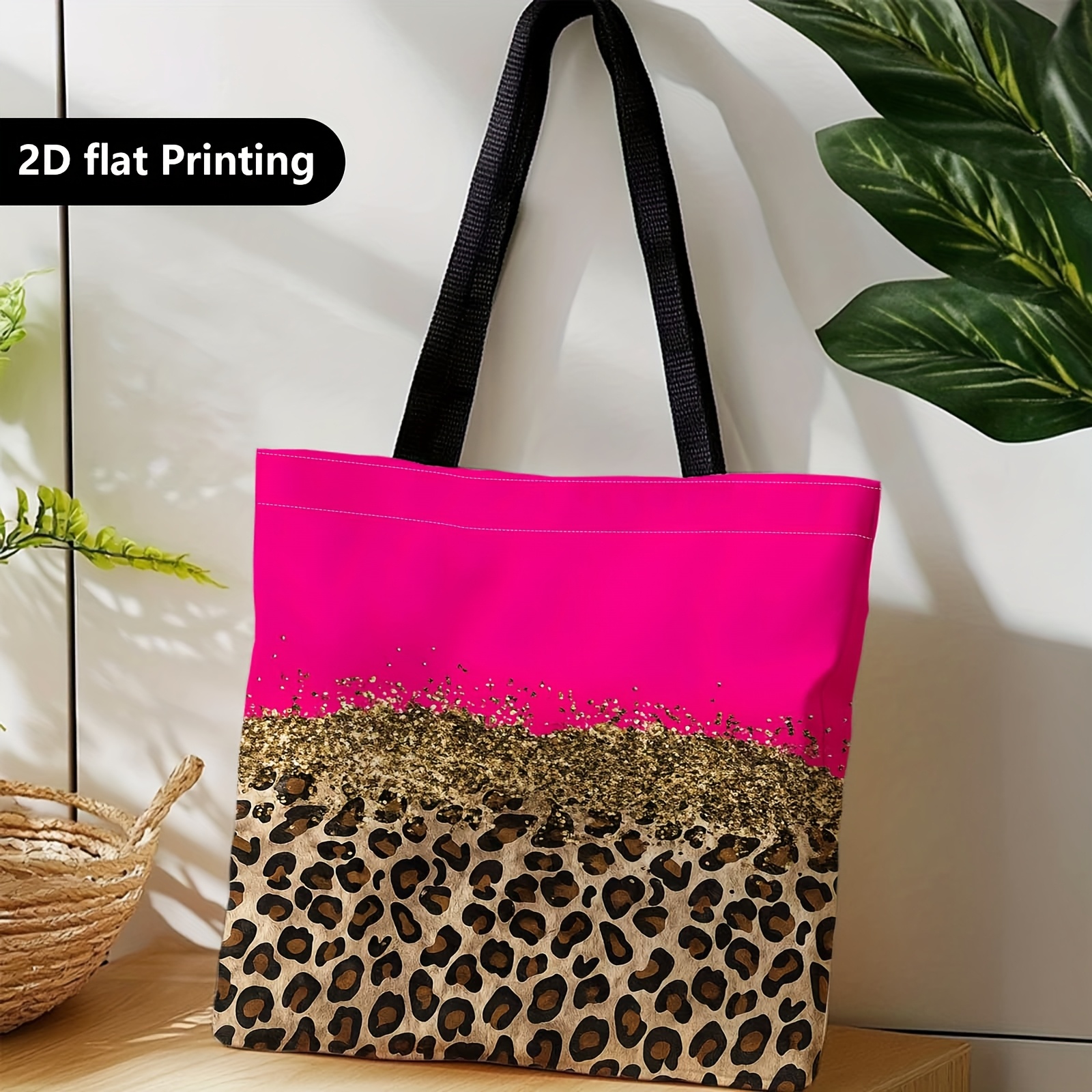 E-shop 1 Stück Glitzerndes Pink & Leopardenmuster Canvas Tragetasche - Doppelgriff Casual Handtasche geeignet für Reisen, , Partys, Einkaufen -