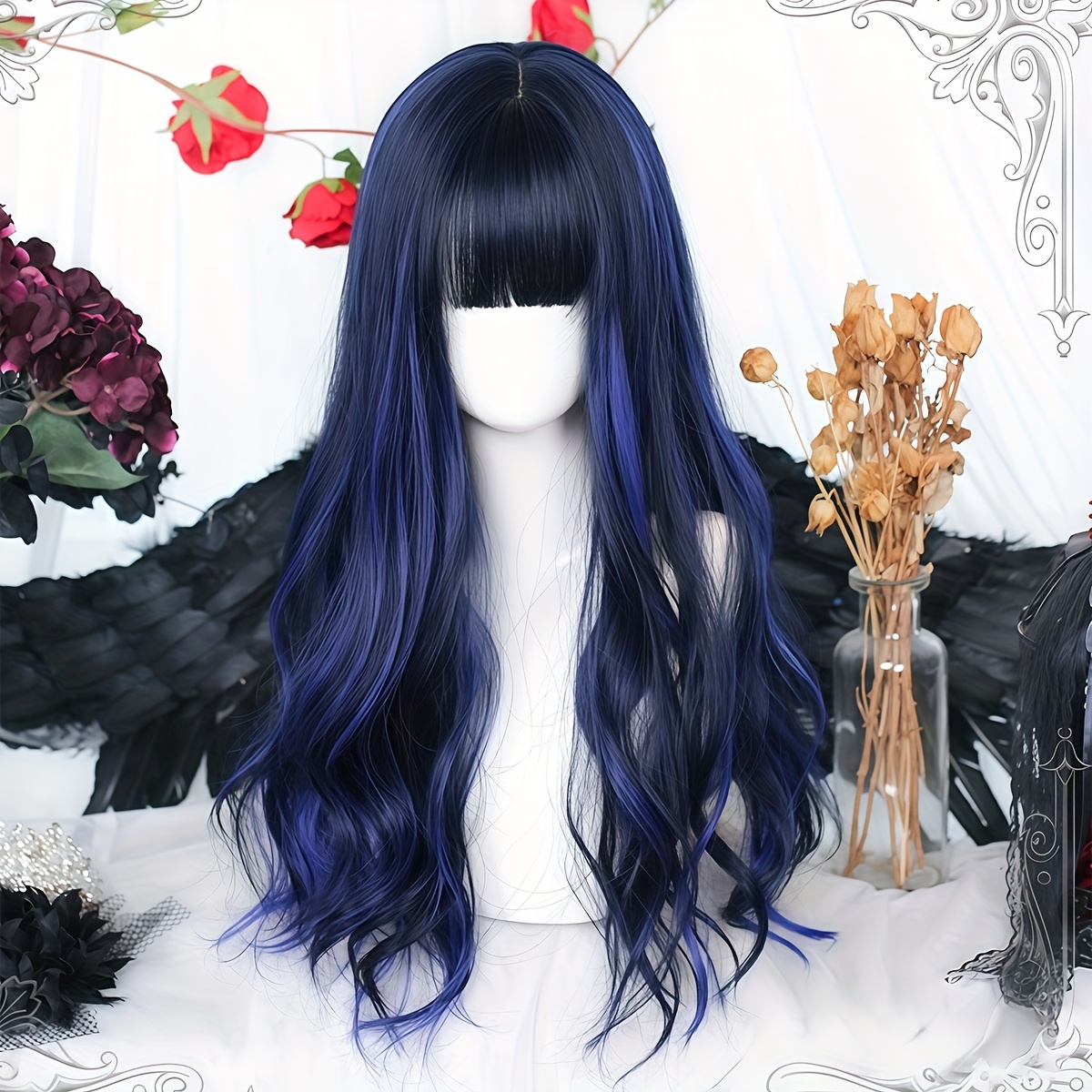TEMU Long Wavy Wig With A Blue-black Gradient And Straight Bangs, Suitable For Everyday Cosplay Outfits