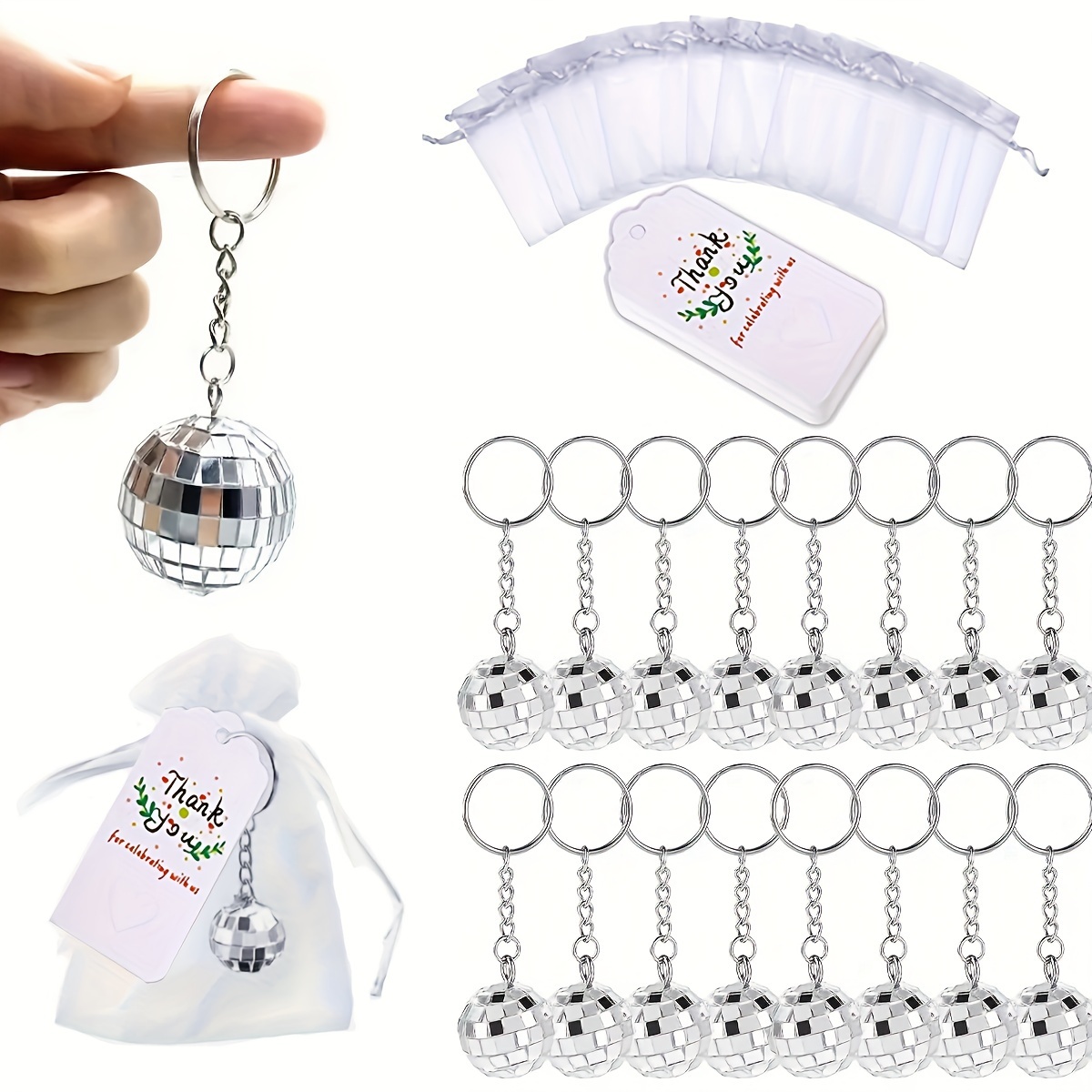 

30-pack Alloy Round Disco Ball Keychains Set With Thank You Tags And Organza Bags - Lobster Clasp Key Rings For Graduation, Party Favors, Handbag Charms, And Gifts