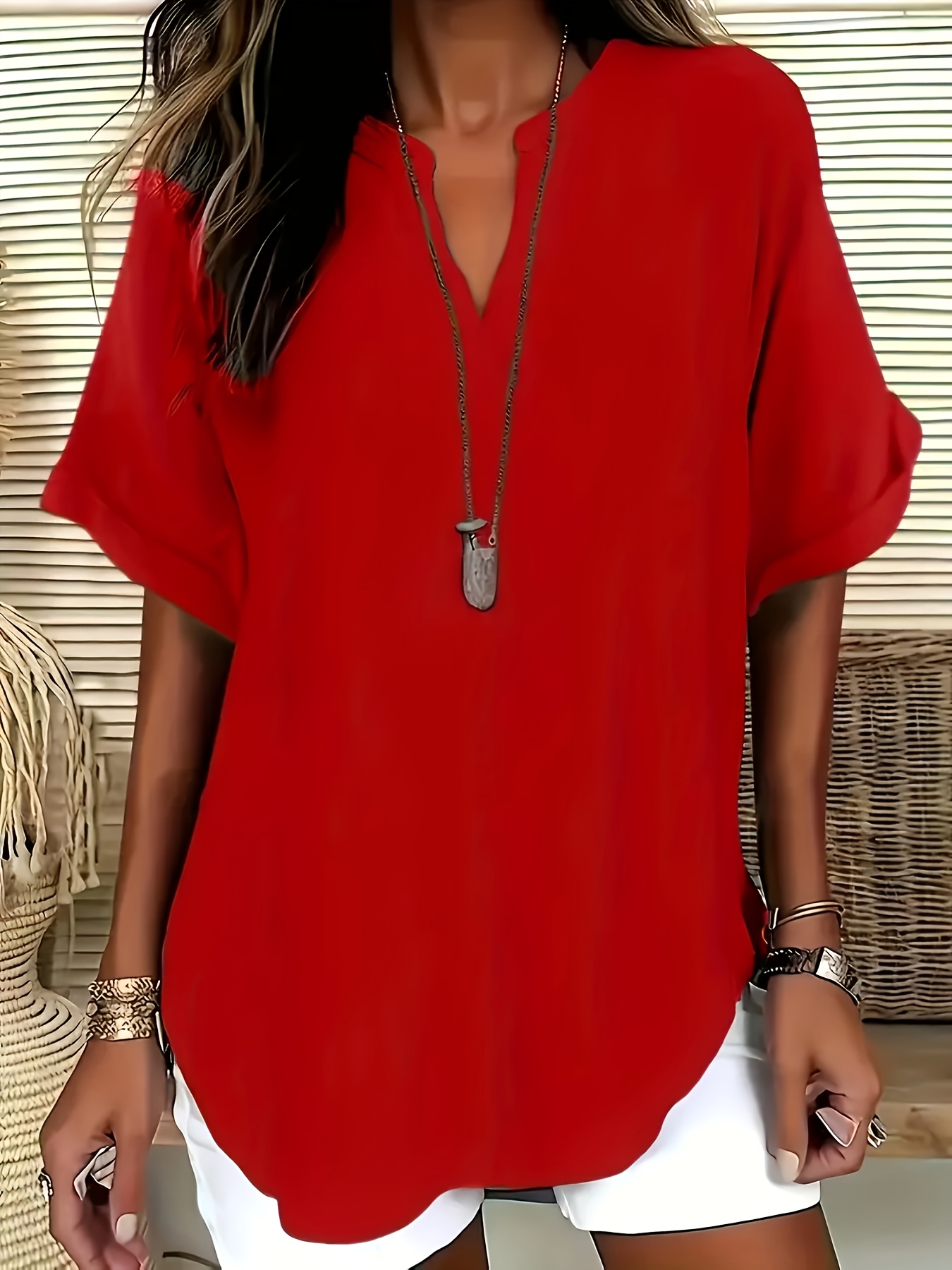 Elegant Plus Size Women'S V-Neck Short Sleeve Blouse - Light Gray, Casual & Stylish for Spring/Summer, Relaxed Fit with Half-Sleeve Design, Casual Wear | Relaxed Fit Top | Stylish Necklin