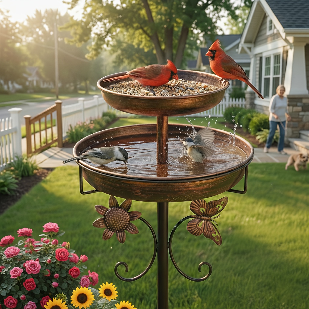 TEMU Bird Bath For Outside, 42in Vintage Freestanding For Outdoors, Double Metal Bird Bath Feeder Bowls For Garden Patio Yard Lawn Decor, Upgraded