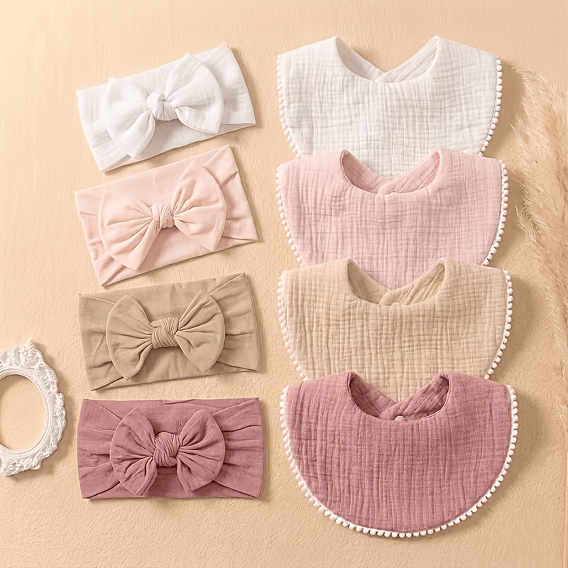 8pcs Baby Big Bow Stretch Headband & Matching Bib Set