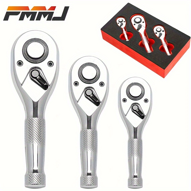 Image of 3pcs Ratchet Set, Quick Release Reversible, 1/4", 3/8", 1/2" Drive Mini Ratchet Handle, Small Ratchet Set, Chrome Made, Cr-mo Head, 72-tooth, Full Polished, New Portable