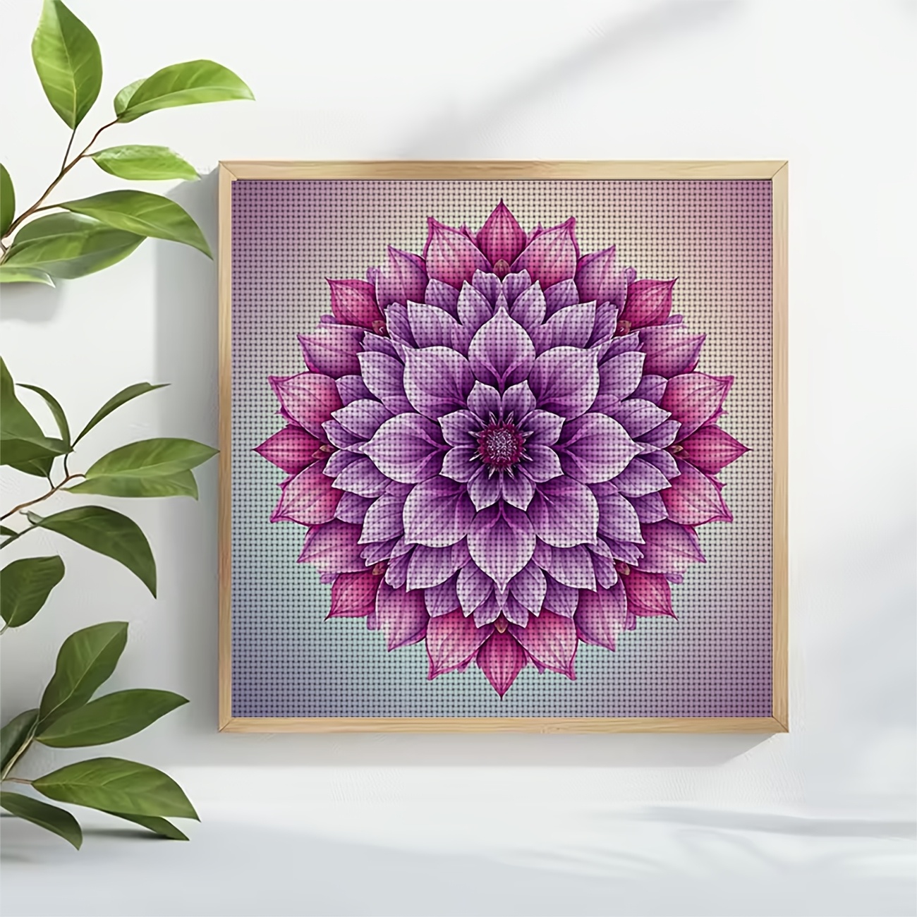Frameless Cross Stitch Printed Kit with Purple Gradient Mandala Flower Design