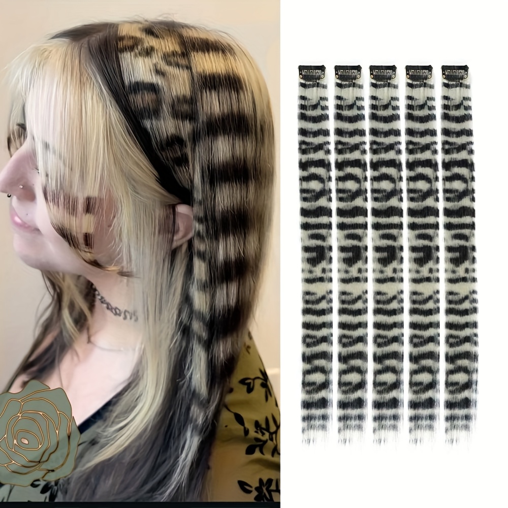 TEMU 5pcs Invisible Hair Clip-in Extensions, Colorful Synthetic Striped Clip-in Hair Extensions, Heat-resistant Synthetic Hair Extensions, Natural