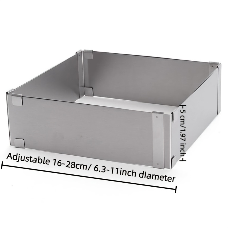 TEMU 1pc Adjustable Stainless Steel Cake Mold, 5cm In Height, Adjustable Width Ranging From 9cm To 16cm Or 16cm To 28cm. This Square Mousse Cake