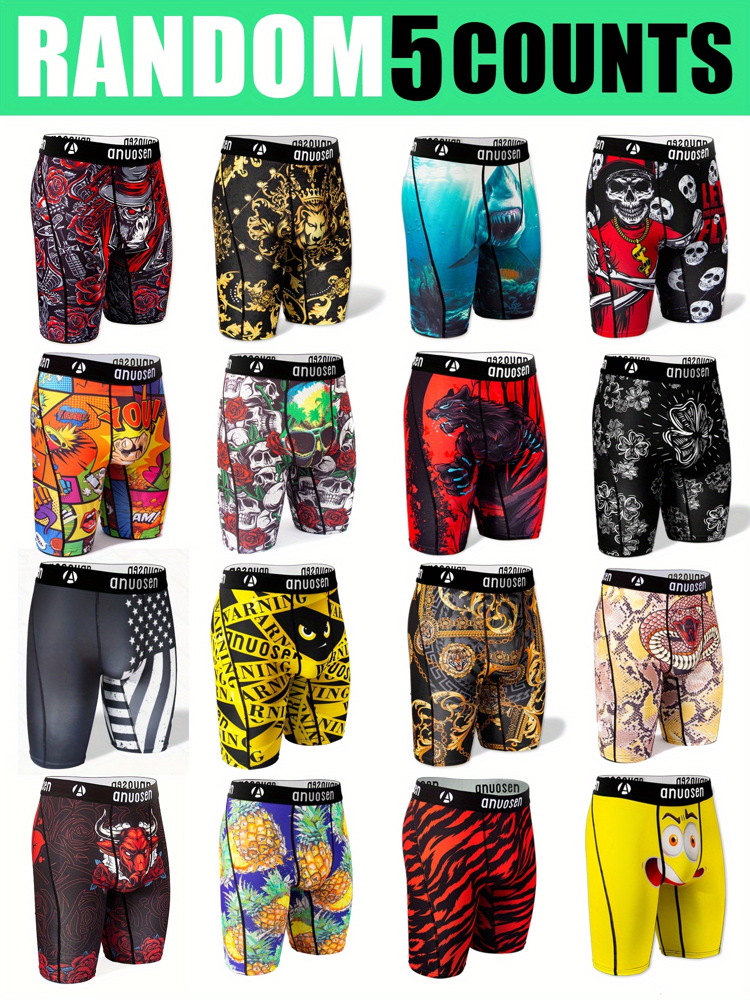 Random 5pcs Men S Long Sports Underwear with Assorted Patterns, Featuring Print Designs Like Skulls, Plants, Letters, Cartoons, Moisture-Wicking, And    .   Random Styles of Long Boxer Shorts That Prevent Chafing During Sports, Breathable And Stretchy Comfortable Casual Underwear, And   S Boxers.