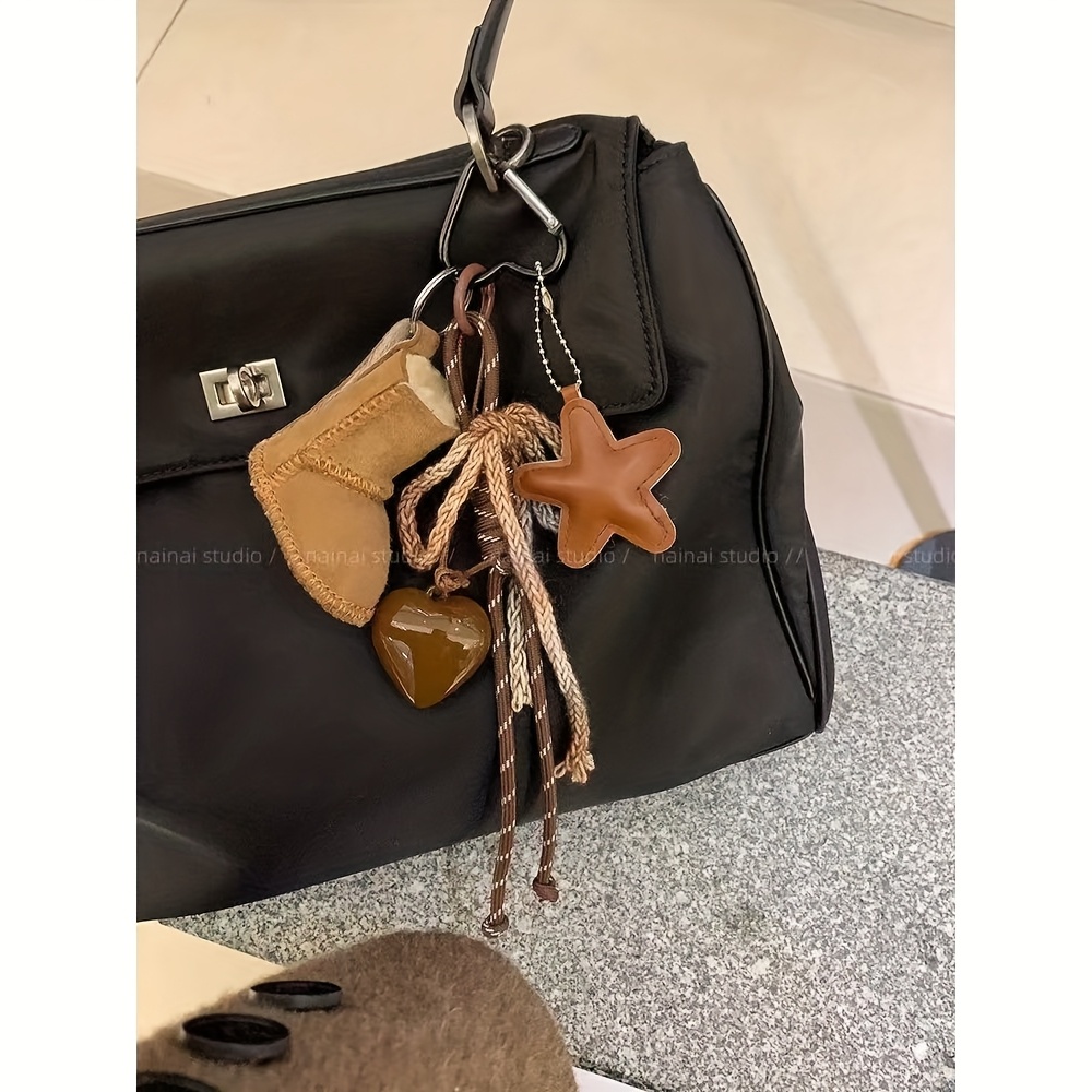 1pc Mini Snow Boot Keychain & Bag Charm Brown Heart And Star Hand-woven Cord Bag Decoration