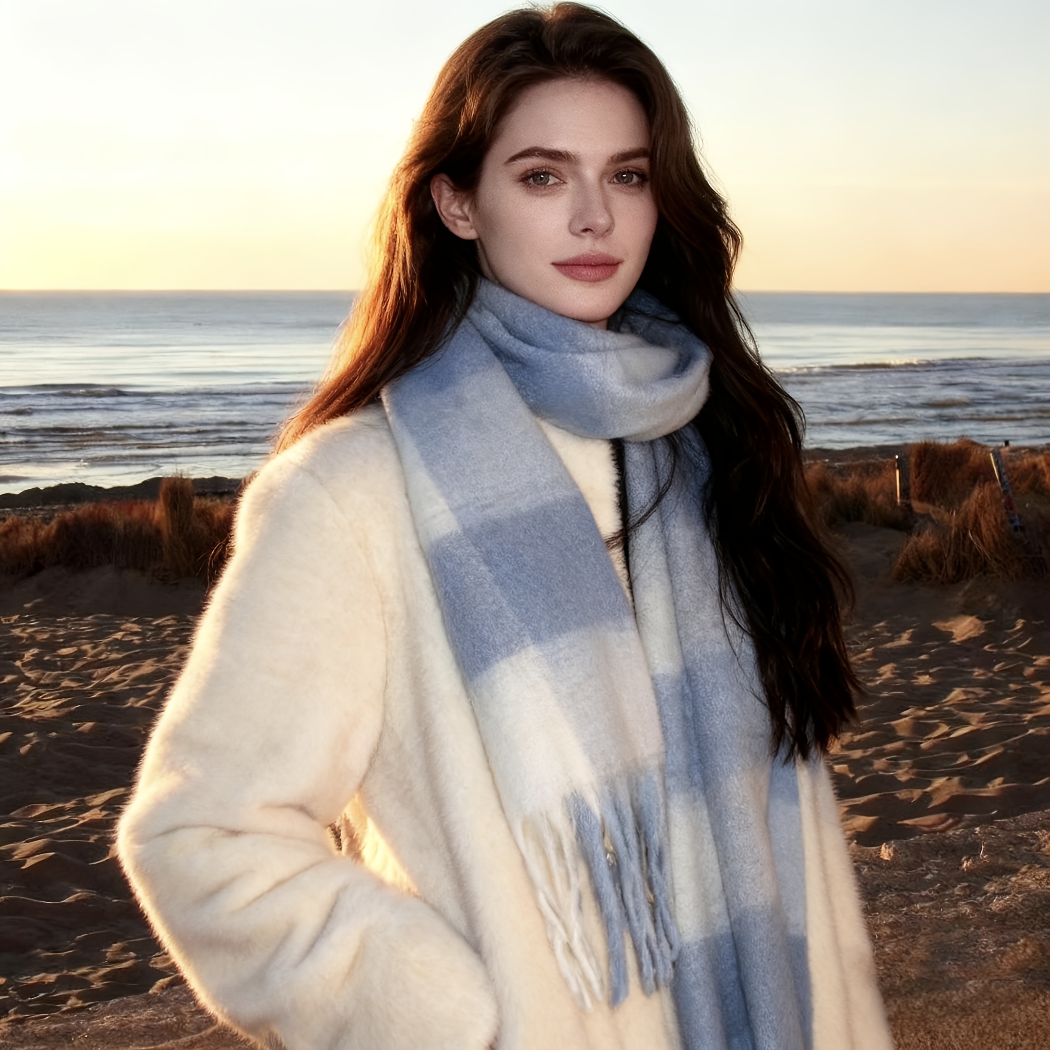 1pc of Blue and White Checkered Warm Scarf, Soft with Tassel Double-sided Decoration, Suitable for Autumn and Winter Outings, Travel, Multi-functional Fashion