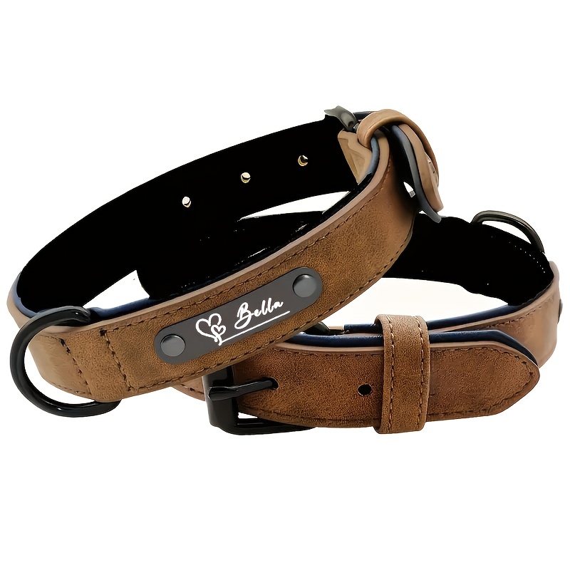 TEMU Custom Pu Leather Pet Collar, Adjustable Anti-lost Dog Collar With Black Nameplate For Engraving And Phone Number, Decorated With Heart Vector