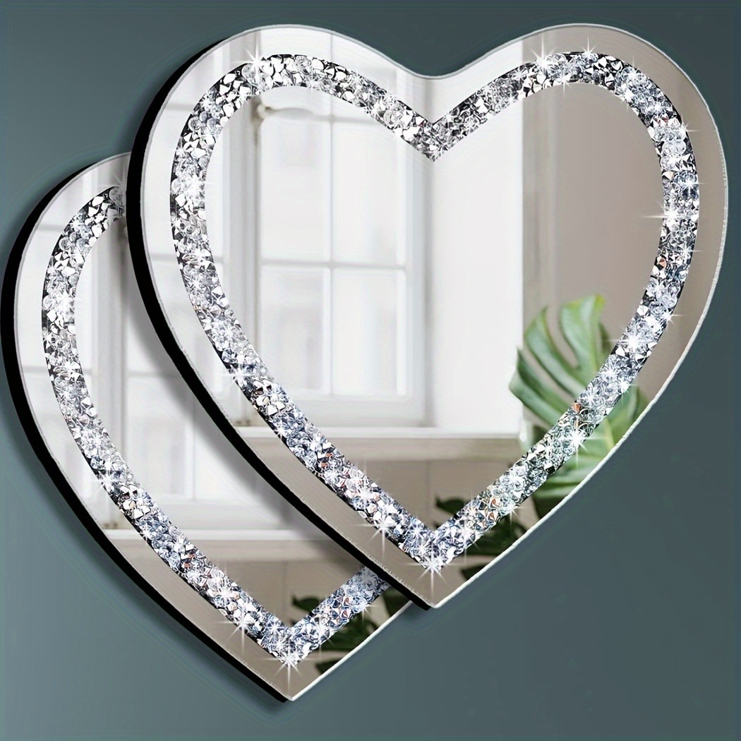 

2 Pieces Heart Shaped Crystal Diamond With Iron Chain For Wall Decor, 12x12 Inch Wall Mount Decorative Mirror