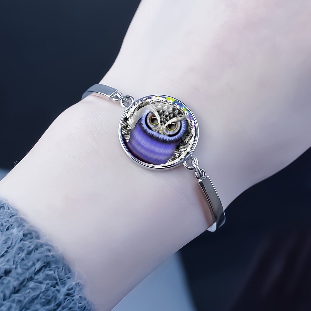 Owl Design Glass Dome Charm Bracelet for Men and Women
