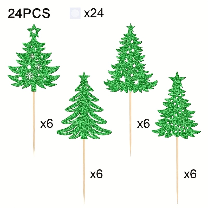 TEMU 24pcs Christmas Tree Cake Toppers, Glittering Christmas Tree Cake Decorations, Merry Christmas Christmas Tree Snowflake Cupcake , For Winter