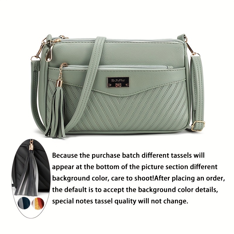 A Stylish Messenger Bag Featuring Diamond Pattern, With Tassels, Designed For Middle-aged Women. It Has A Spacious Interior With Multiple Layers And A Zipper Closure