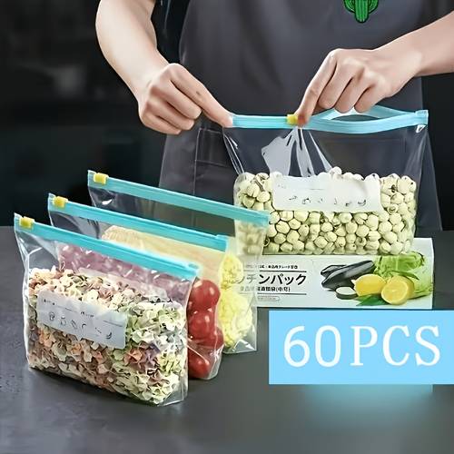 imagem do item 60 sacos de armazenamento de alimentos reutilizáveis e vedáveis - 3 tamanhos pequeno/ / para frutas, legumes, e grãos | sacos de plástico duráveis com zíper para a e organização da cozinha com de | design transparente com etiquetas codificadas por