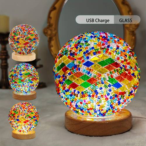 modern mosaic glass desk lamp romantic multicolor usb powered led lamp with 3 color dimming adjustable push button base corded dimmable for room decor style lamp without battery set of 1