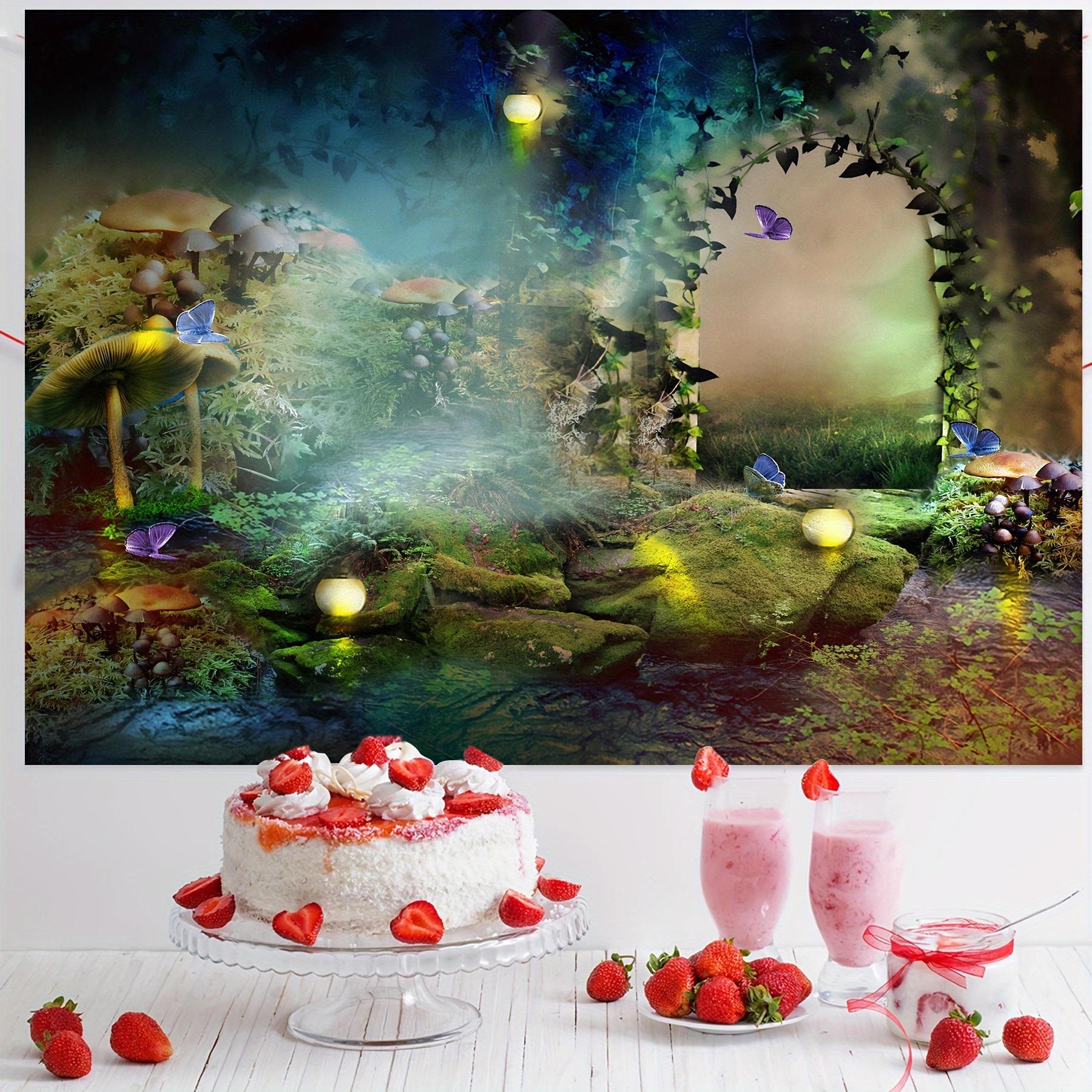 Enchanted Forest Birthday Backdrop, 1 Pcs Polyester Photography Background for Children's Boy Birthday Party Decorations, Universal Holiday Theme Without Electricity - Green Forest Secret Wonderland Banner