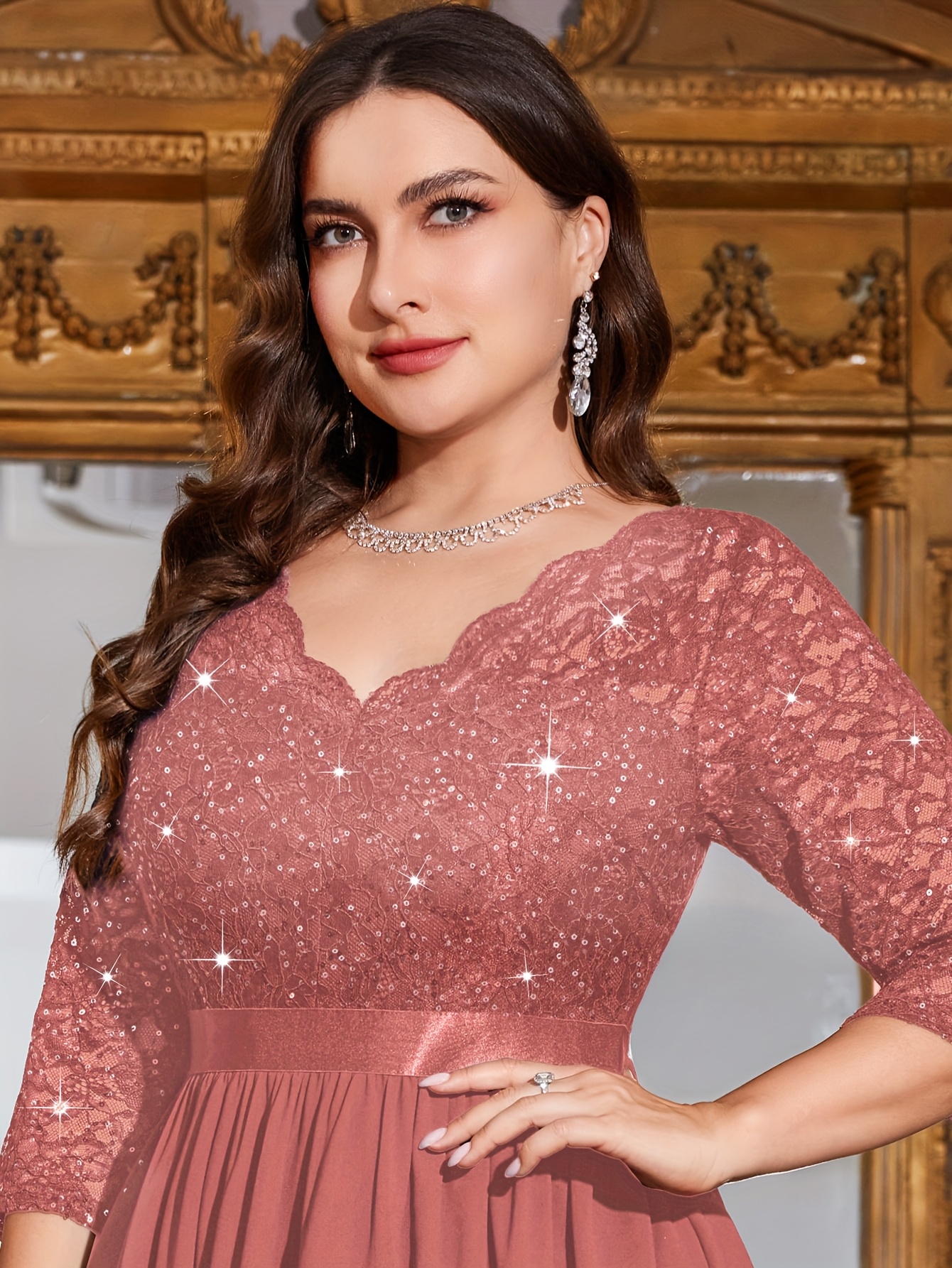 slim fit dress slacks Wholesale Evening Dresses for Party Plus Size Sparkly Double V Neck main image 0