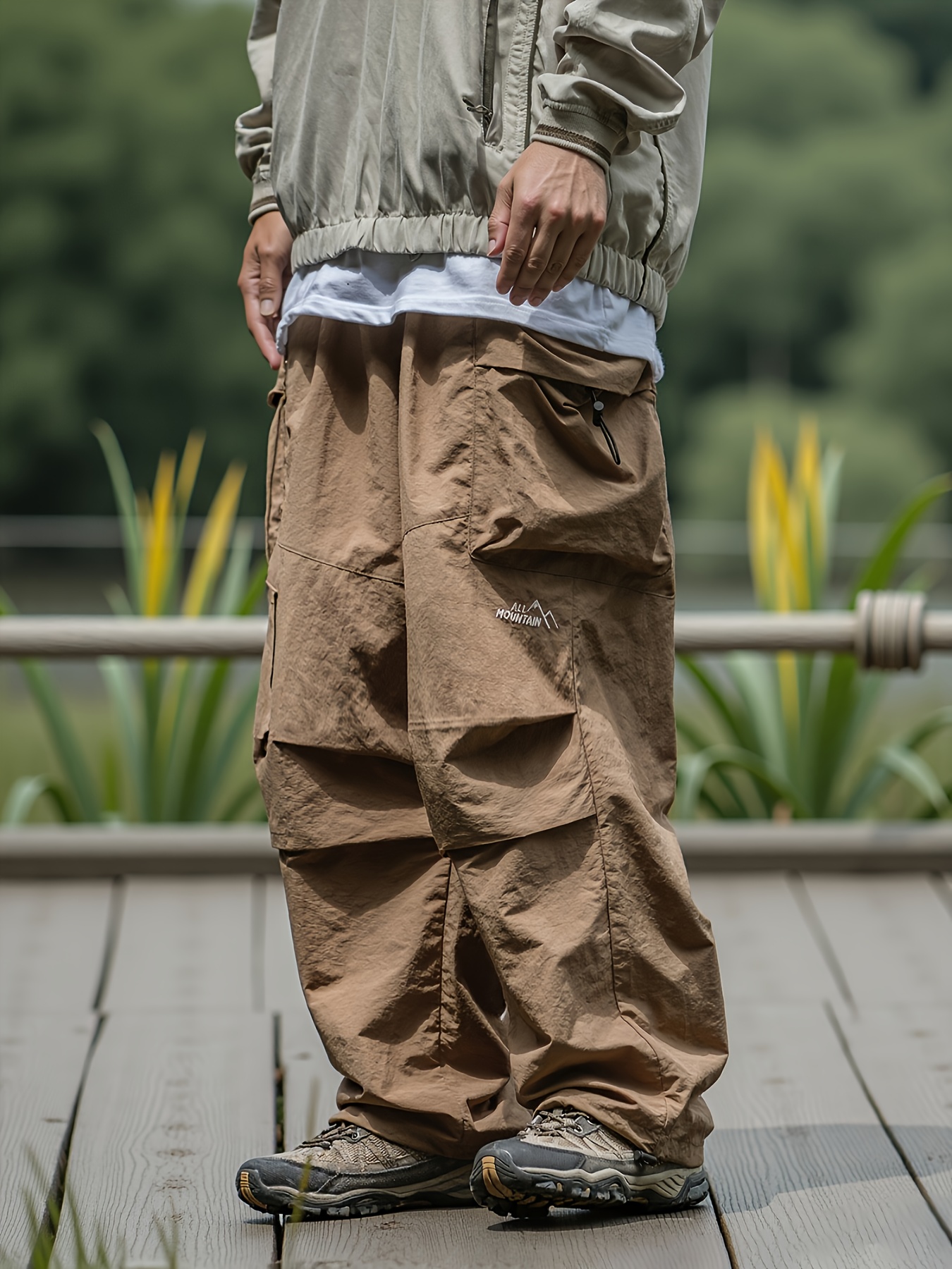 mens casual cargo pants with multiple pockets embroidery loose fit solid   ready   trousers for hiking   wear hiking attire stylish cargo pants functional design