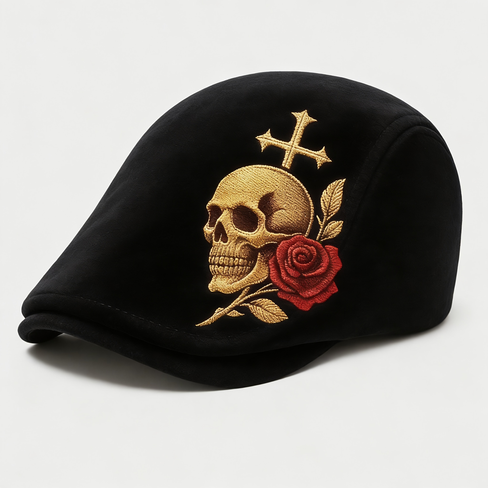 TEMU Retro Gothic Beret Newsboy Caps - Unisex Adjustable (56-61cm) With Golden Skull, Red Rose & Cross Design, Unique Halloween/christmas Party