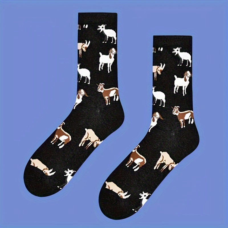 

Unisex Cartoon Goat Pattern Knee-length Hosiery, Polyester Knit Fabric With Elastane Stretch, 1 Pair, Animal Print, Machine Washable - Casual Trendy Long Seasons