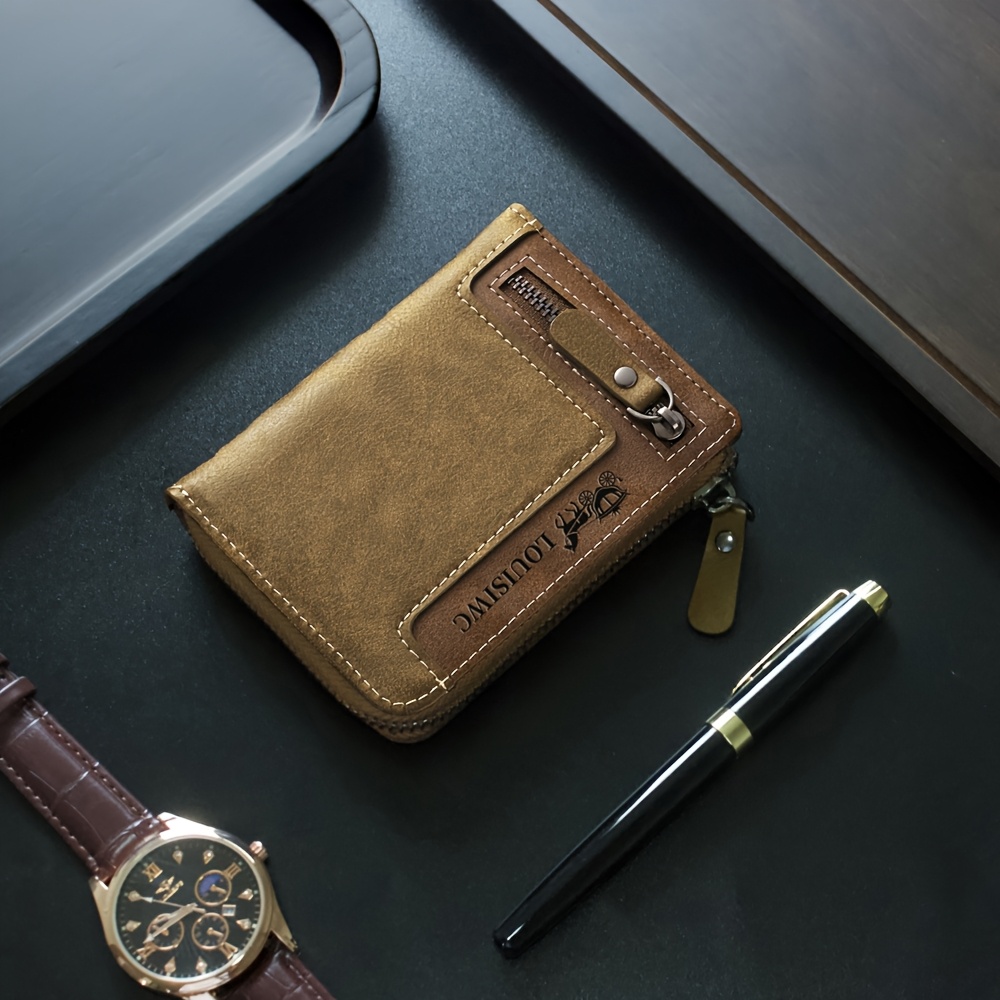TEMU Casual Vintage Men's Wallet, Short Zipper, Multi-card Slot, Coin Purse, Pu, Card Holder, Men's Wallet