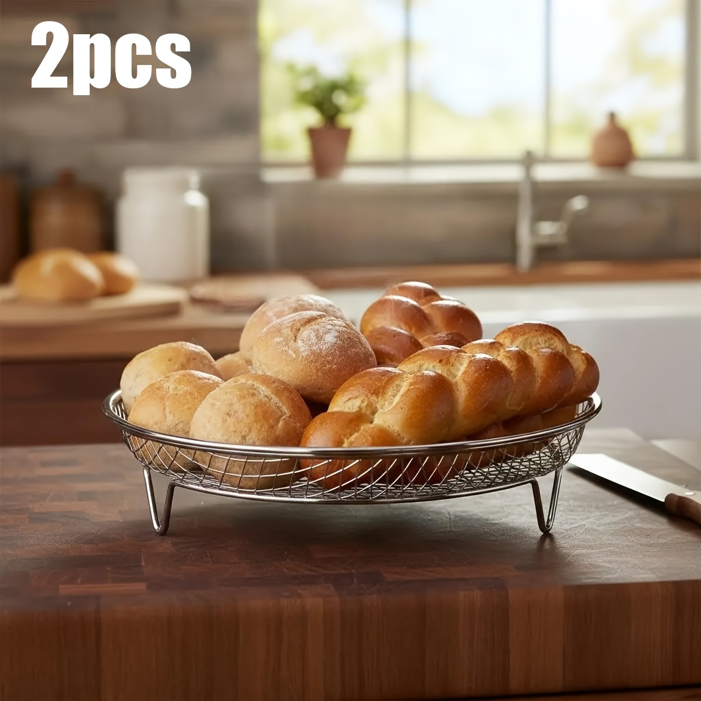 Image of 2pcs Stainless Steel Air Fryer Basket & Stackable Rack - Heavy-duty Bbq Grill Mesh Suitable For Most Air Fryers Oven Accessories, Compatible For , , Oven Broiler Grill Basket, Space-