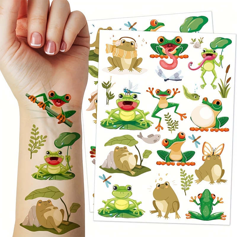 

Cartoon Frog Temporary Tattoos - 2 Pack Waterproof Long-lasting Fake Tattoo Stickers, Body Art Decorations, Oval Shape (15x21cm)
