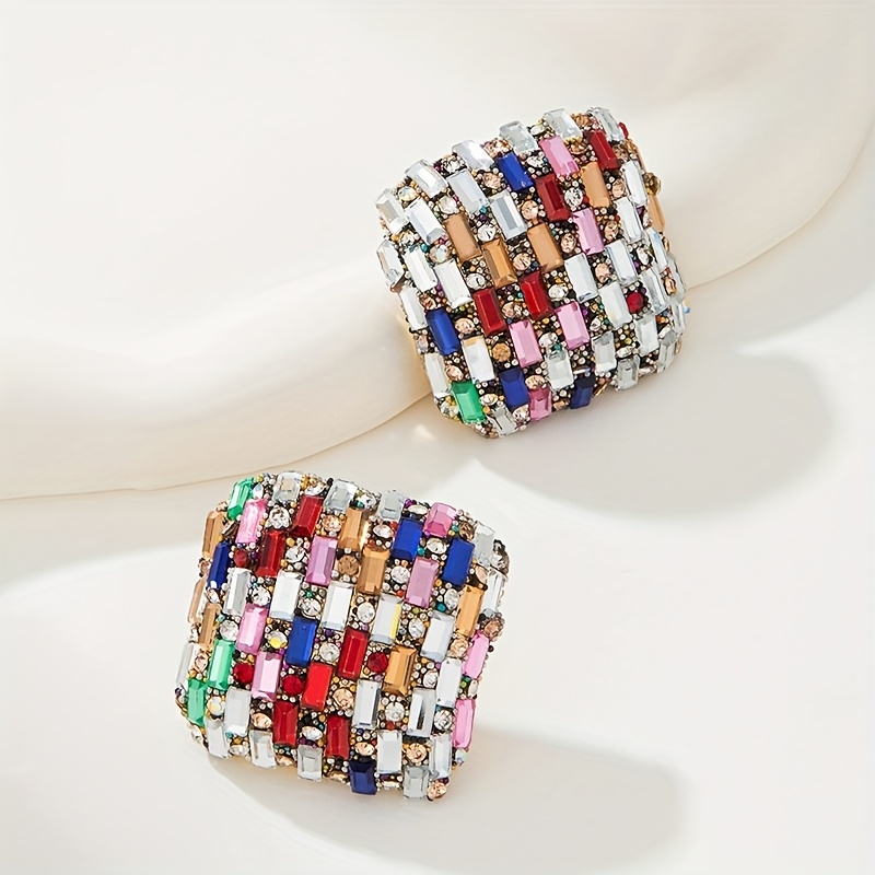 Image of European And American Japanese Korean Classical Vintage Fashion Inlaid Rhinestone Bling Square Rhinestone Square Small Piece Niche Light Rhinestone Ear Studs Women's Banquet Date Jewelry