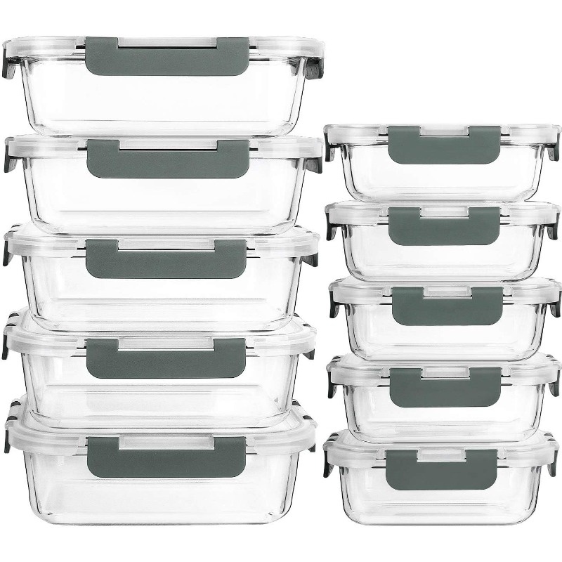 E-shop 20er Set Glas Lebensmittelbehälter, 10 Behälter, 10 Transparente Deckel, Spülmaschinen, Mikrowellen- und Gefrierschrankgeeignet, Auslaufsicher