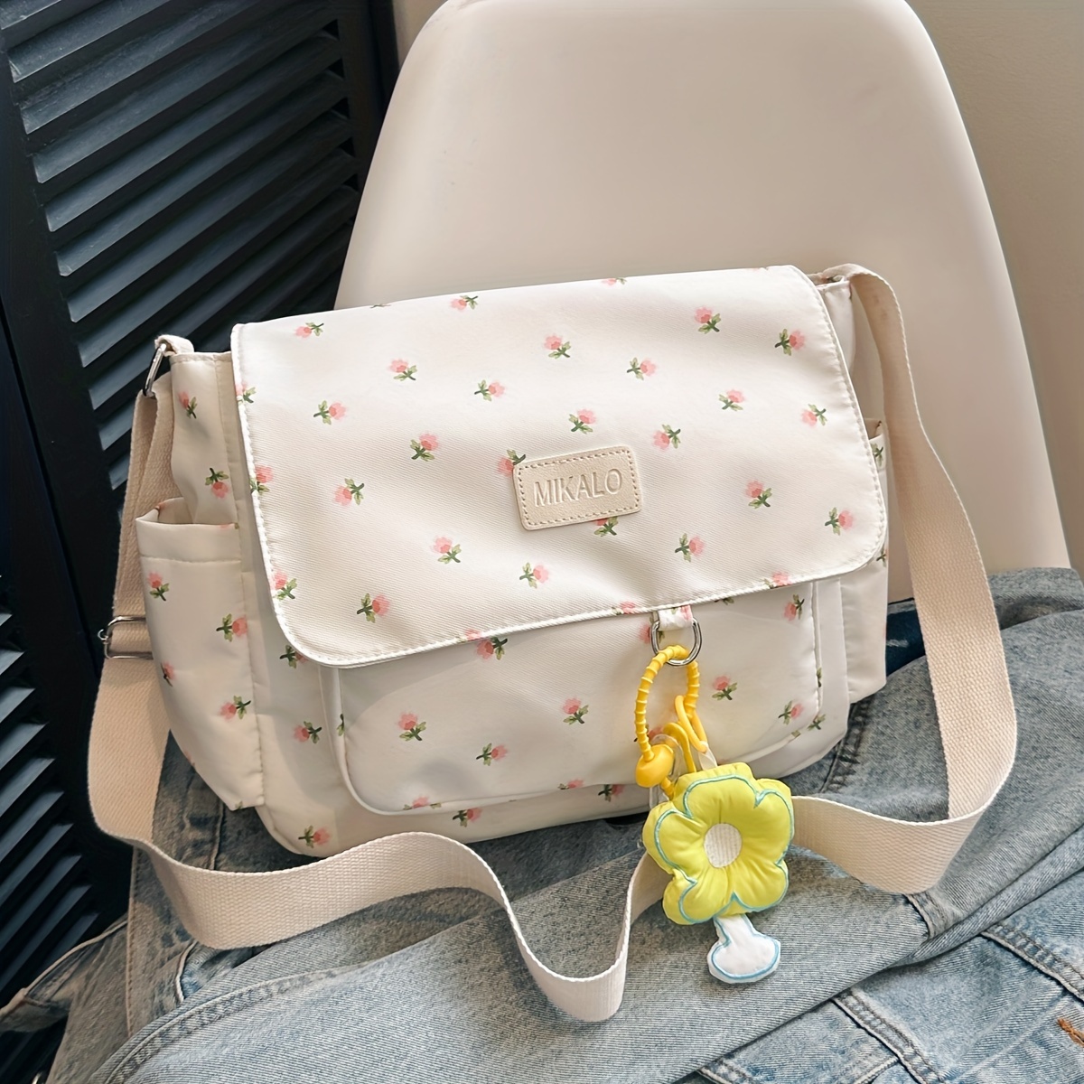 TEMU Multi-functional Solid Color Floral Shoulder Bag, A Spacious Nylon Square Crossbody Bag For Women Featuring A Pendant, Lightweight College- Coin