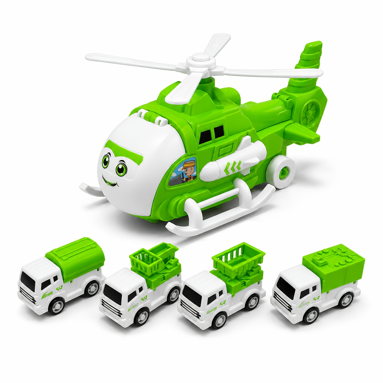 TEMU Toy Set Transformable Storage Car Airplane And 4pcs Utility Trucks, Boys' Children Model Cars, Utility Engineering Truck Gift Box, Storage