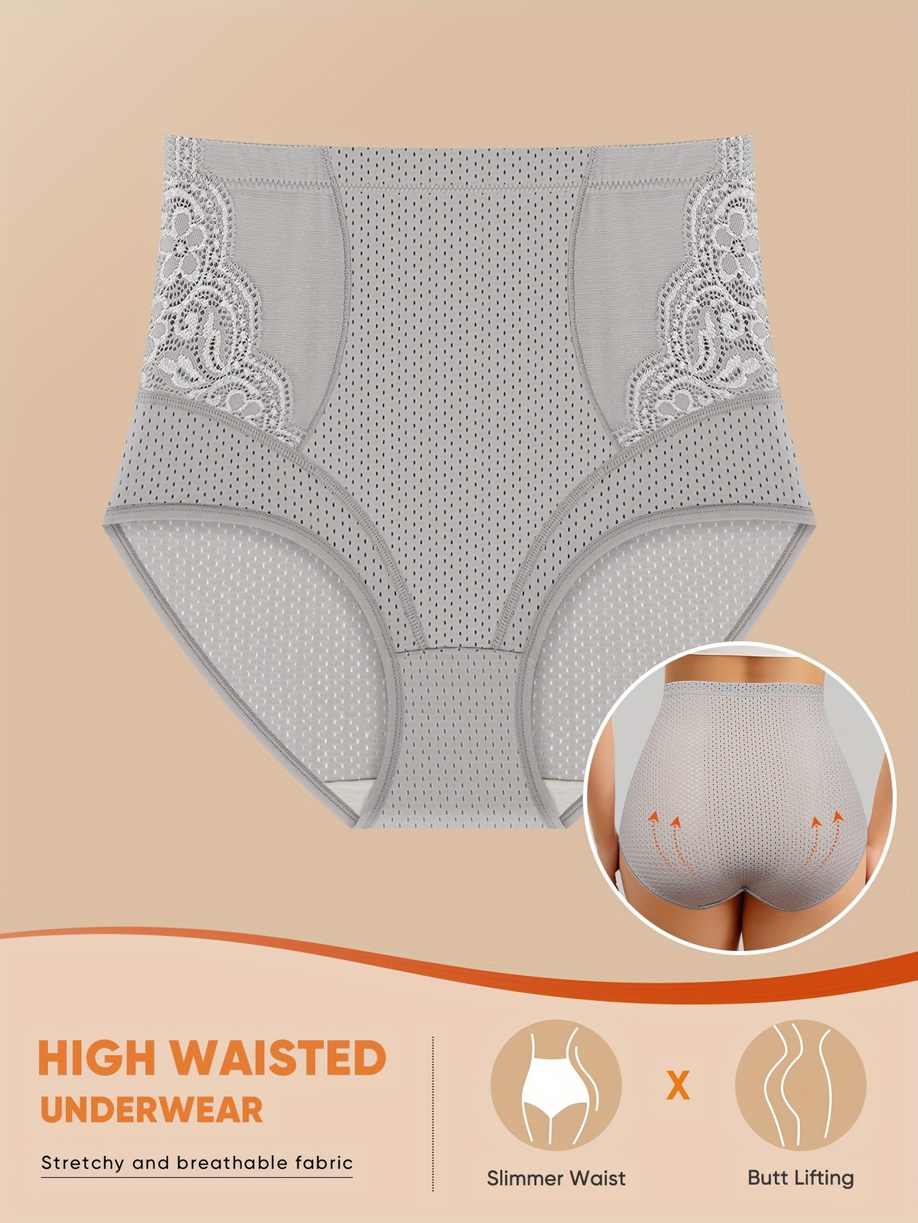 MIOTAN Women's High-Waist Tummy Control Shapewear Panties, 1XL-5XL, Breathable Mesh Lace Design, Grey, Comfort Fit for Casual Attire, Tummy Control Underwear, MIOTAN