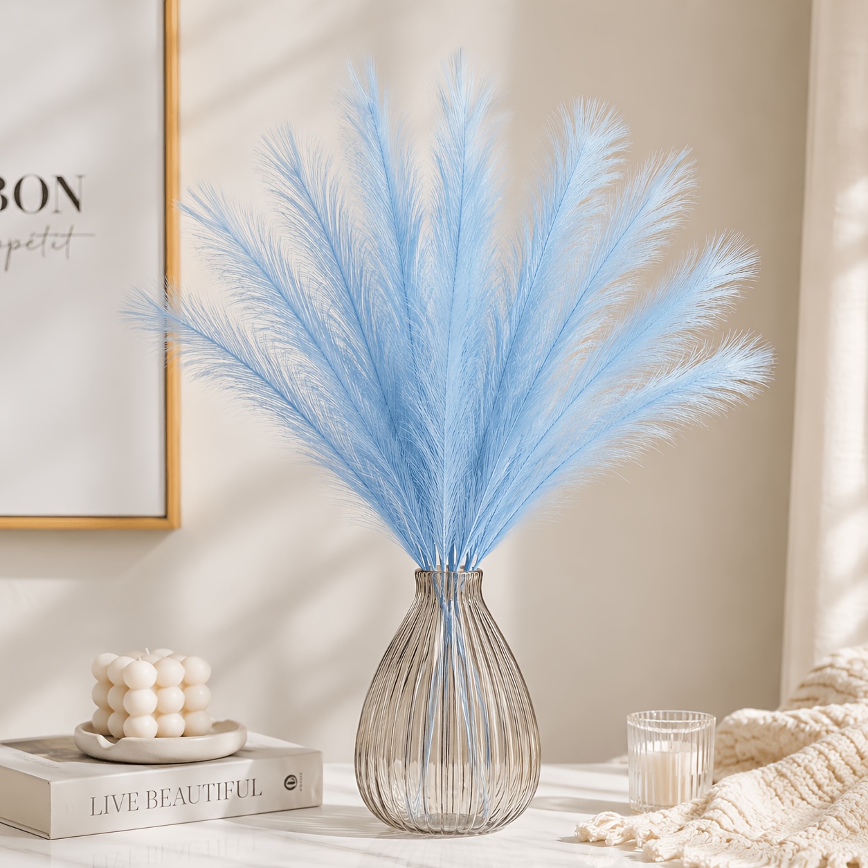 TEMU 13pcs Set Of Sky Blue Artificial Pampas Grass, Artificial Reed Bouquet, Fluorescent Blue Reeds, For Home Decor/christmas
