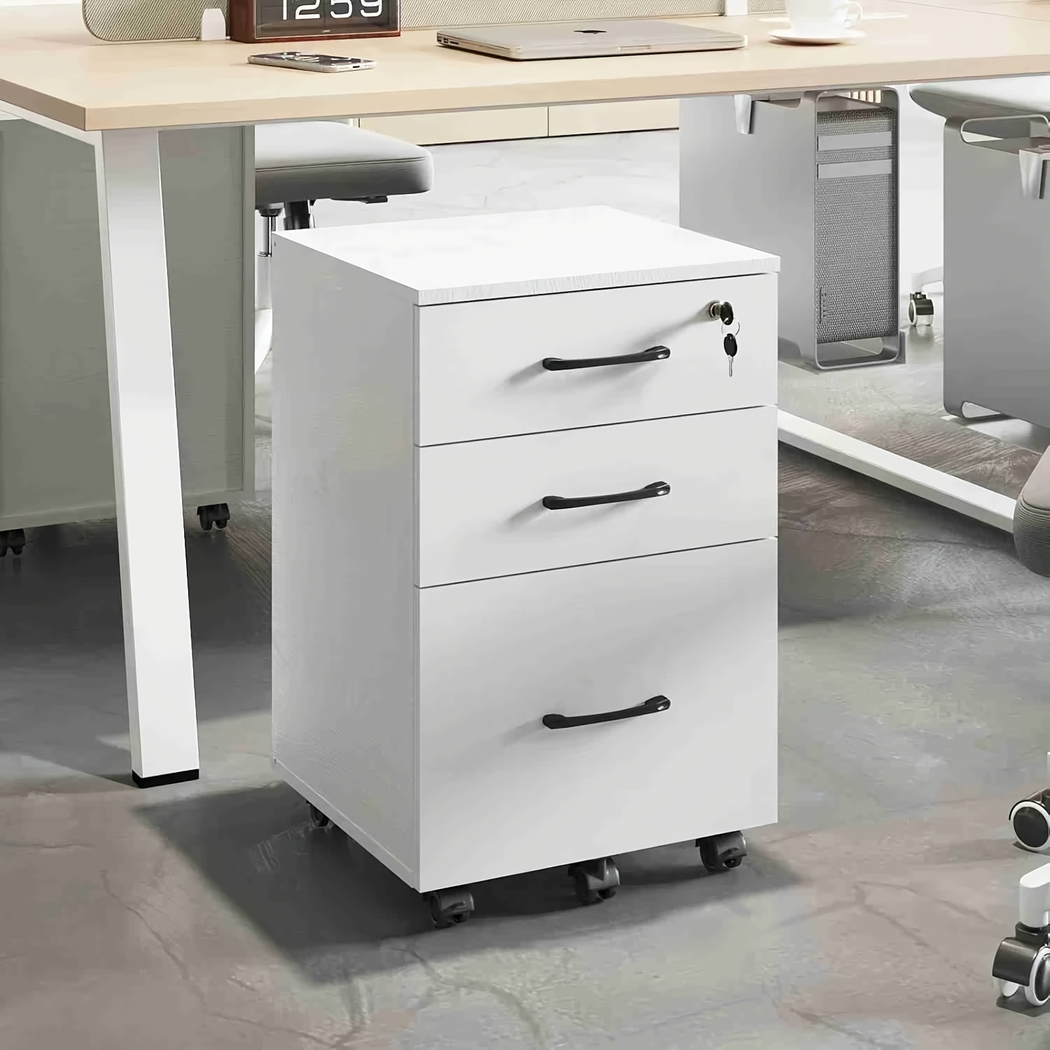 wooden mobile filing cabinet on wheels designed for letter sized documents suitable for under desk storage this compact organizer features a locking mechanism and is ideal for home offices and small businesses