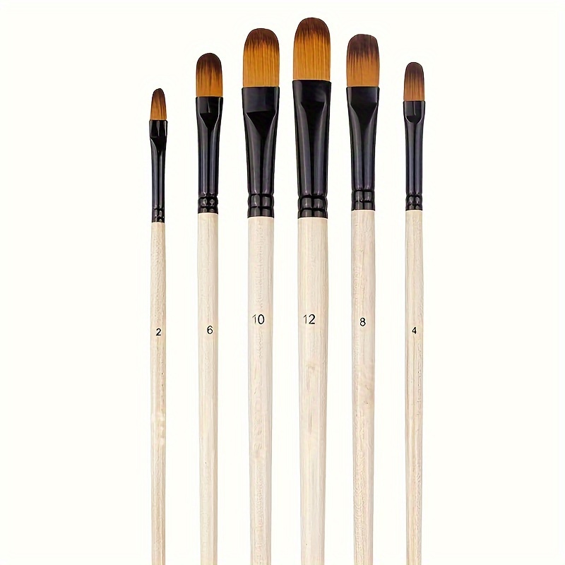 6pcs Paint Brush Set With Wooden Handles - Nylon Bristles, Suitable For Watercolor, Oil, Gouache And Acrylic Painting - Includes Round Detail, Flat And Angled Point Tips, 4 Tip Options