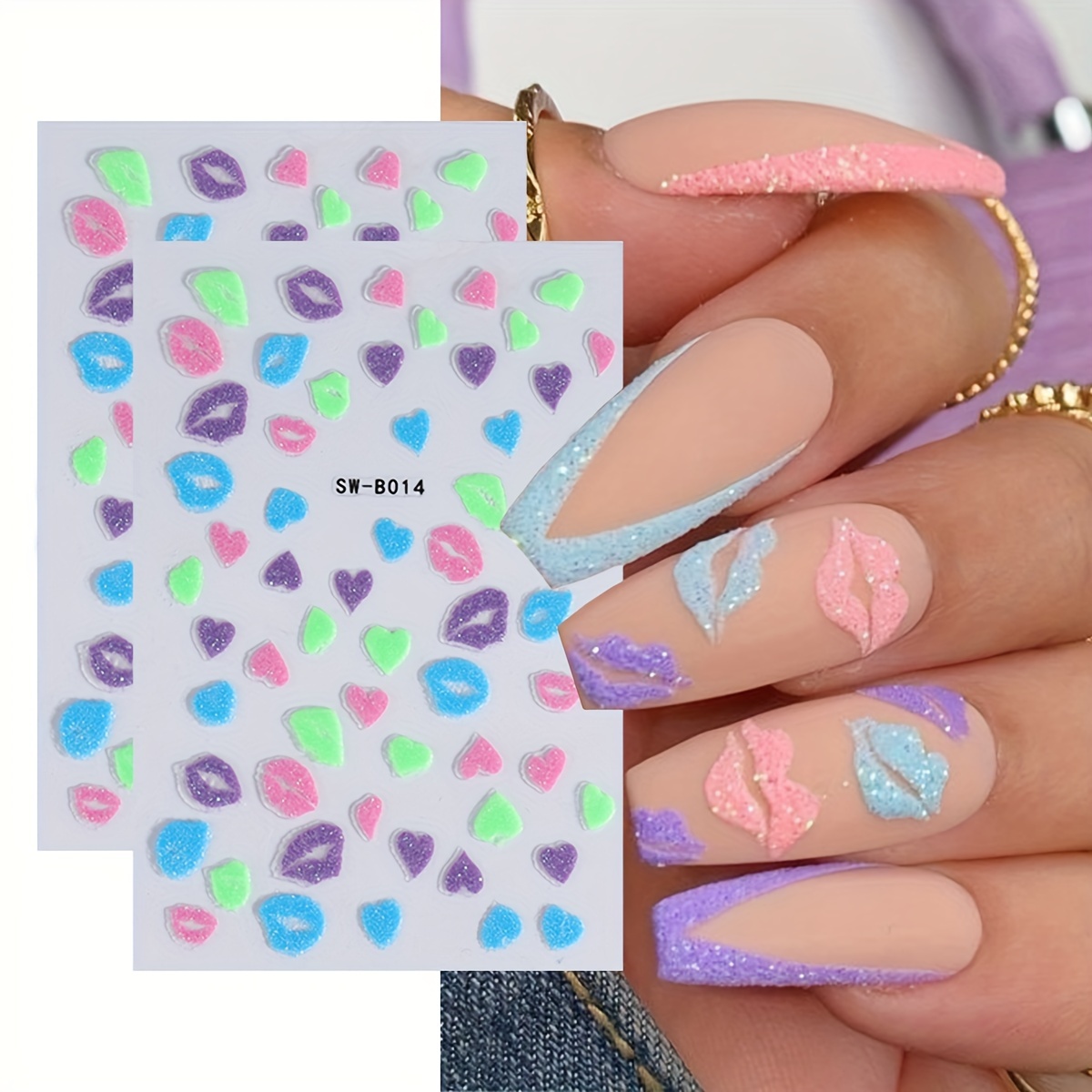 2 Sheets Colorful Nail Art Stickers 3d Sparkling Love Heart Pattern Y2k Decal Decorations