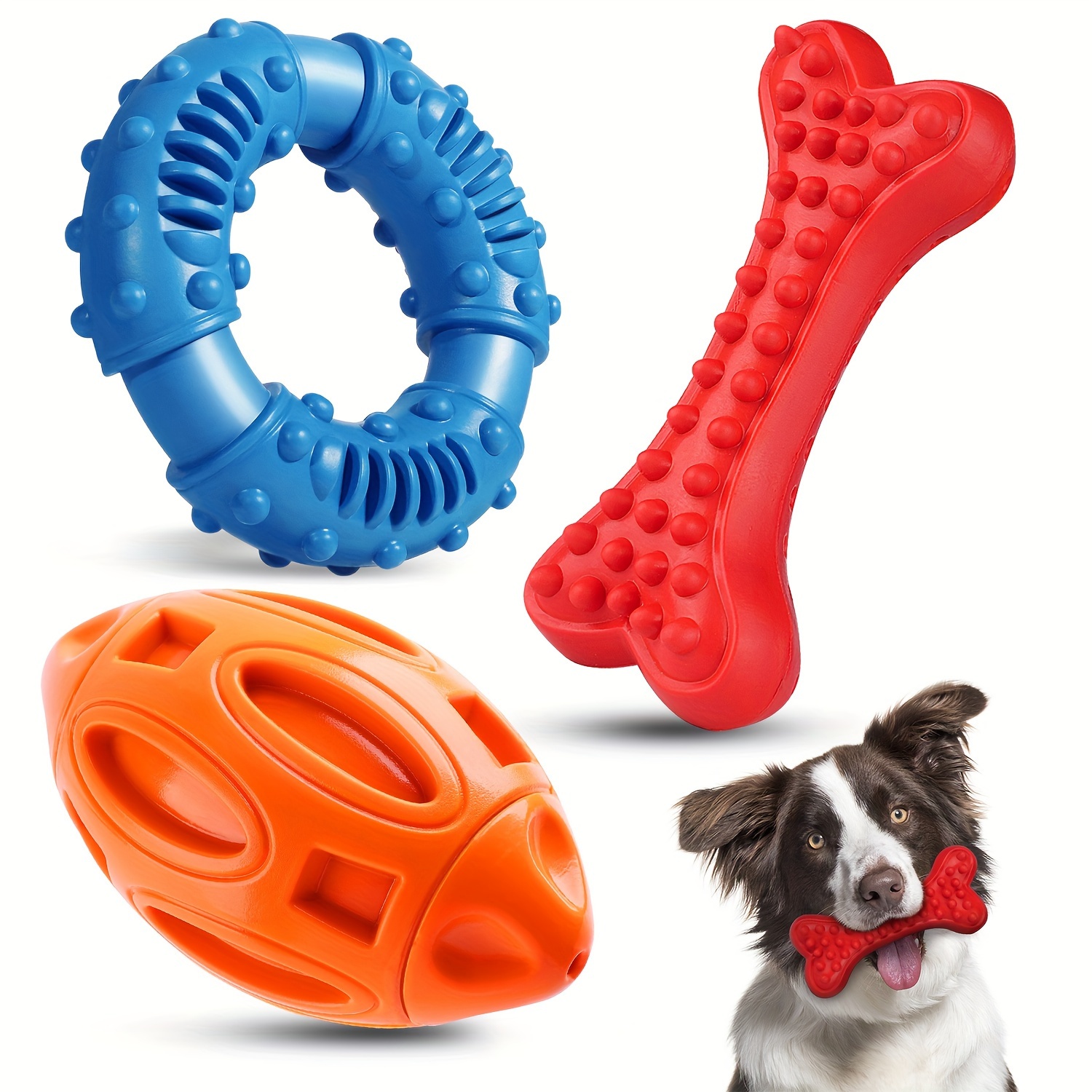 

3-pack Dog Chew Toys For Aggressive Chewers, Rubber Dog Toys For Large/medium/small Breed, Dog Toy Durable Squeaky Puppy Chew Toys For Teeth Cleaning
