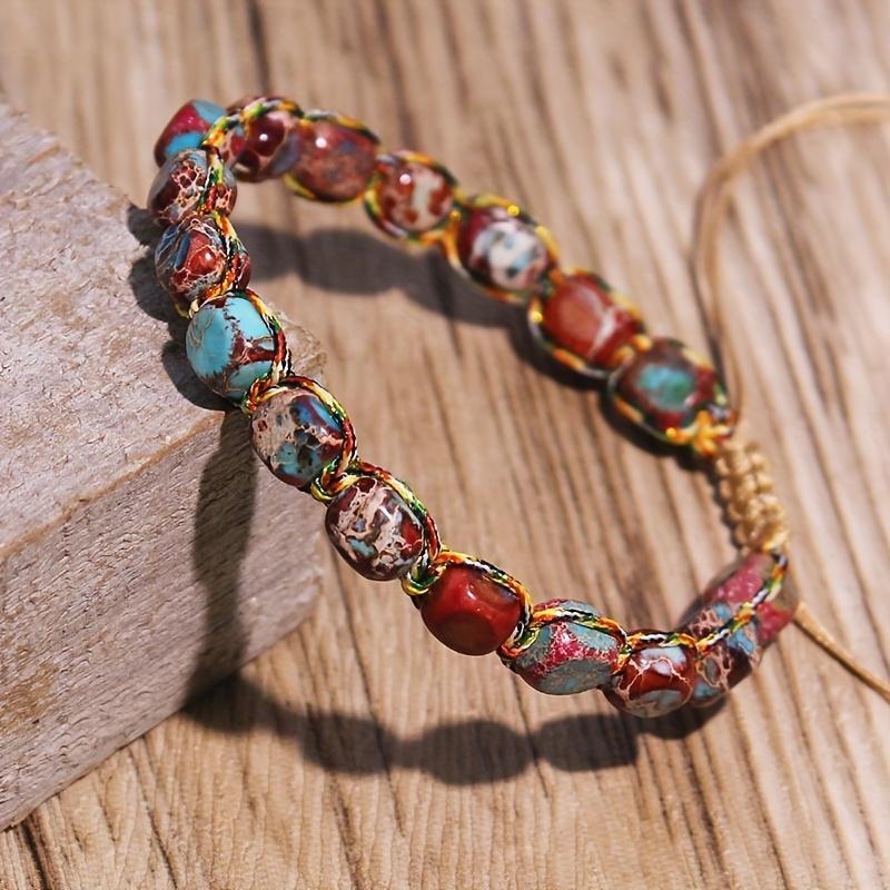 E-shop Verstellbarer Handgemachter Bunter Natursteinperlenarmband Im Bohemischen Stil - Vintage Boho Chic Schmuck Für Frauen, Für Lässige Kleidung Und
