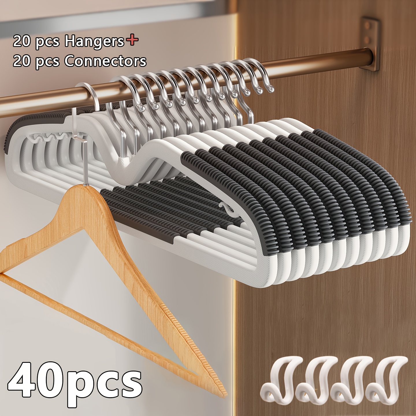 Image of 40pcs Set New Short Neck Hanger Kit With Connectors | Space-, Rotating, Durable Plastic Anti-slip Wardrobe Organizer For Shirts, Coats, And Dresses, Prevents Shoulder And Closet Corner , Polished End