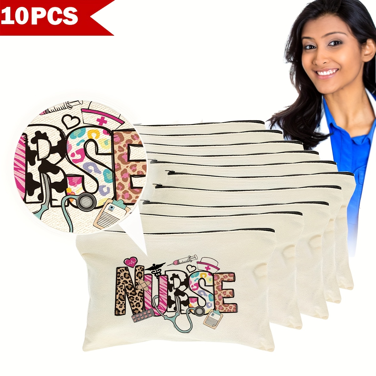 TEMU 10pcs Set Nurse-themed Fashion Leopard Print Zebra Print Animal Print Pattern Printed Zipper Bag, Cosmetic Bag Toiletry Bag Multi-functional